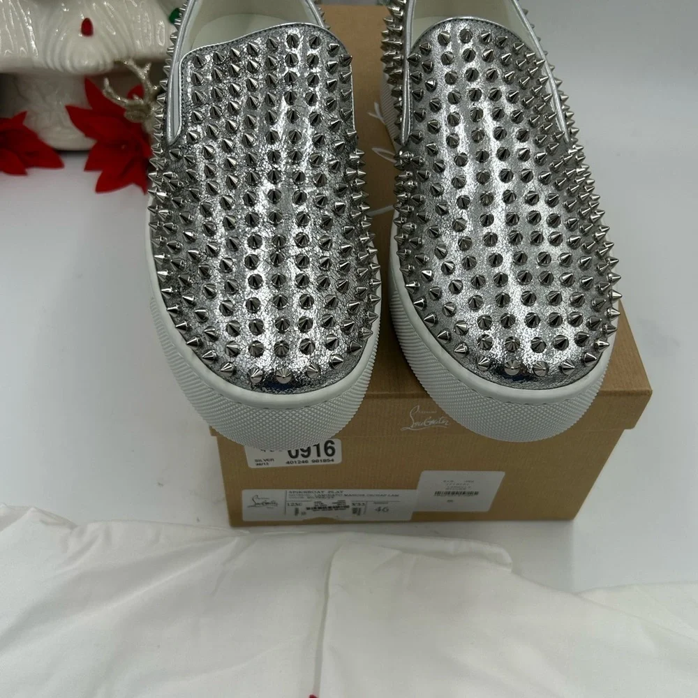 Men's Christian Louboutin roller boat, metallic silver spiked sneakers size 46